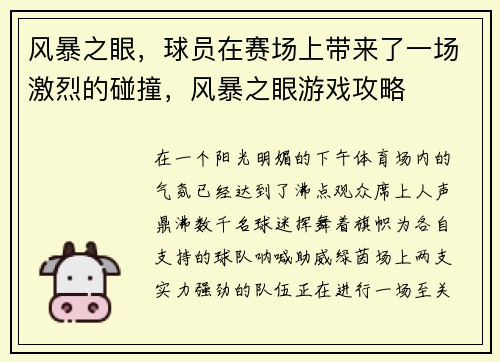 风暴之眼，球员在赛场上带来了一场激烈的碰撞，风暴之眼游戏攻略